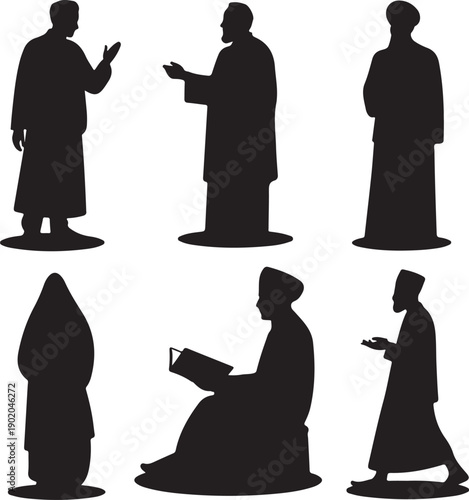 set of silhouettes of people in traditional robes and turbans standing and sitting