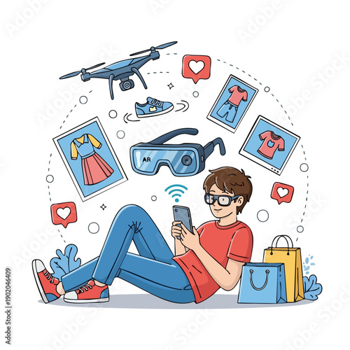 Young man engaging with virtual reality and online shopping through his smartphone.