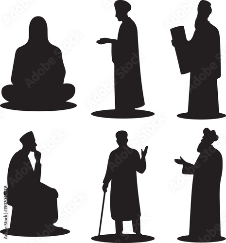 Set of six sitting and standing monk silhouettes in different poses