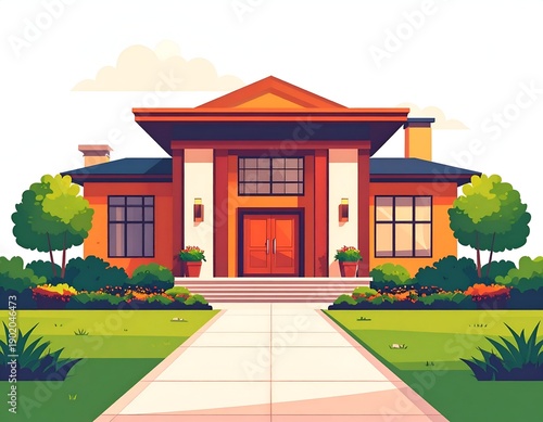 A modern house with a pathway and landscaping in a cartoon style