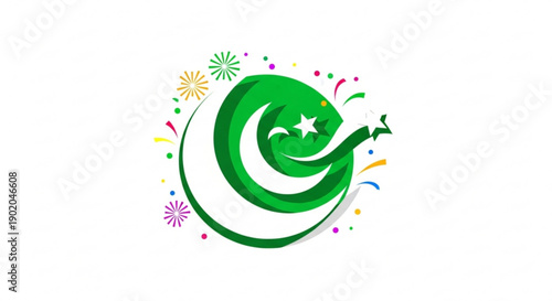Pakistan independence day celebration symbol with green crescent moon and star surrounded by colorful fireworks on white background