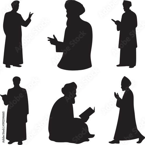 silhouette of six men in various prayer and book reading positions