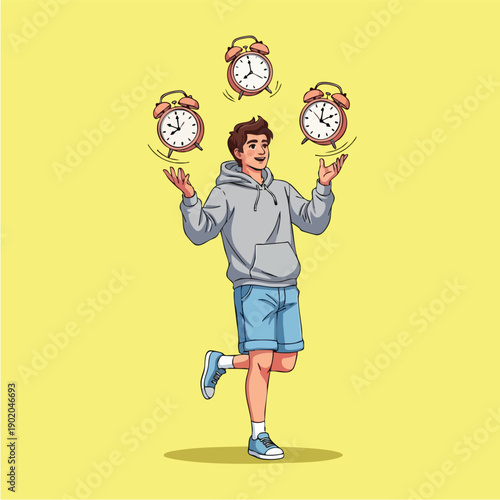 Young man expertly juggling three alarm clocks with a cheerful expression.