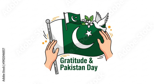 Hands holding pakistani flag with dove and flowers on pakistan day celebrating gratitude and national pride