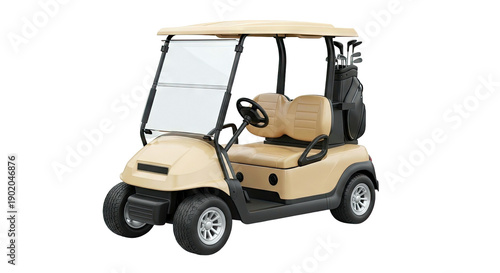 Beige Golf Cart with Golf Bag and Clubs