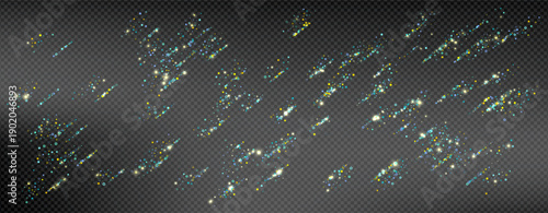 Cyan, Gold, Blue Stars Confetti. Shimmering Shiny particles. Scattered little sparkling, glitter light points. Stellar falling on black background. New Year Christmas background. Vector illustration.