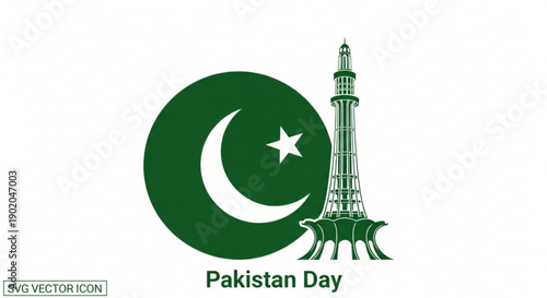 Pakistan day celebration symbol with crescent moon star and minar e pakistan monument in green