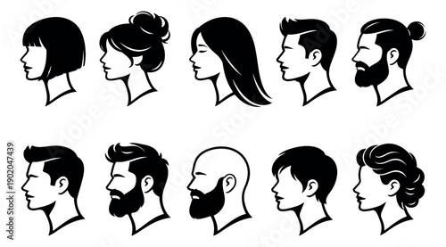 Iconic people profiles set featuring men and women with diverse hairstyles and facial hair for beauty, fashion, and user interface design