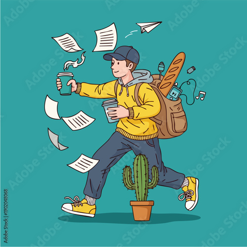 Young man with backpack and coffee walking with papers flying around.