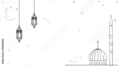 Elegant Islamic Holiday Background with Golden Mosque Crescent Moon and Hanging Lanterns
