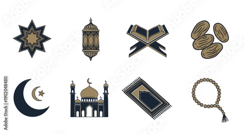 Huit Symboles Islamiques Duotones Marine et Or