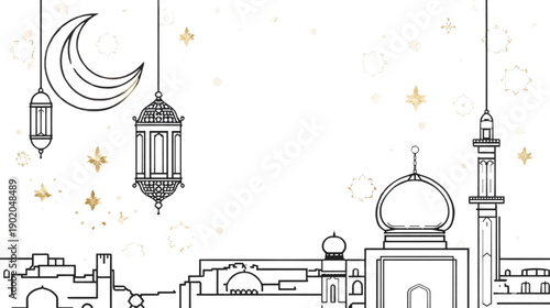 Minimalist Islamic Night Sky Design with Mosque Silhouettes Hanging Lanterns and Crescent Moon