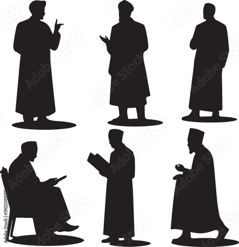 Silhouettes of men in traditional clothing standing and sitting in various poses