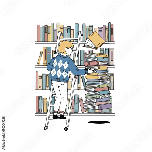 Young person on a ladder organizing a tall stack of books.