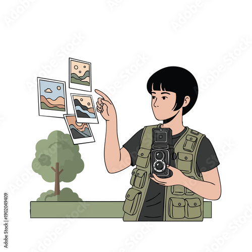 Young photographer reviewing instant prints from a twinlens reflex camera.