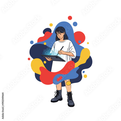 Young woman artist drawing on a digital tablet with stylus pen 1.