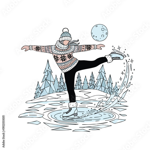 Young woman gracefully ice skating on a frozen pond.