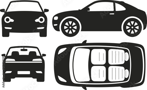 Car silhouette vector set showing front side rear and top views of modern passenger vehicle for transportation illustration design