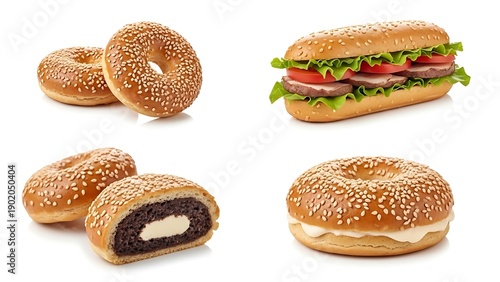 Variety of bakery products: sesame bagels, ham sub sandwich, and cream-filled buns.