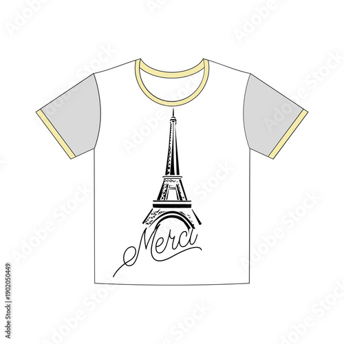 Eiffel tower silhouette with 'Merci' text, black graphic on white t-shirt, Paris landmark, French greeting, tourism and travel design, iconic symbol of France, elegant apparel concept for fashion