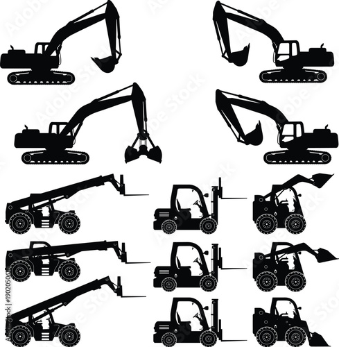 Construction machinery silhouette vector set showing excavators telehandlers forklifts and skid steer loaders in multiple working positions for industrial illustration