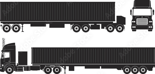 Container truck silhouette vector set showing semi truck with shipping container in side and front views for logistics transport illustration