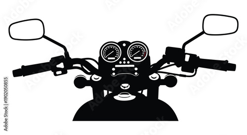 A striking black silhouette depicts the handlebars gauges and front portion of a motorcycle emphasizing speed and freedom silhouette