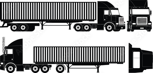 Container semi truck silhouette vector set showing side front rear views of freight transport vehicle for logistics shipping illustration