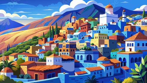 Very beautiful panoramic view of Chefchaouen nestled in the Rif Mountains, featuring blue-painted buildings, winding streets, and a serene atmosphere unique to northern Morocco.