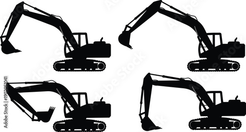 Crawler excavator silhouette vector set showing hydraulic digger machine in different working positions for construction earthmoving illustration design