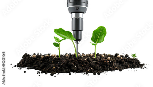 A futuristic drill pierces soil with small plants, concept of technology meeting nature