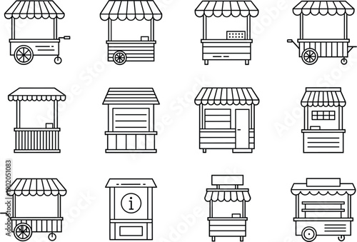 Minimal outline street food cart and kiosk icon set for mobile vendor business illustrations