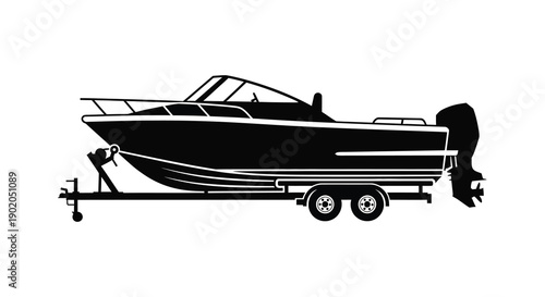 A sleek black boat rests on a trailer showcasing its design and nautical features presented as a silhouette