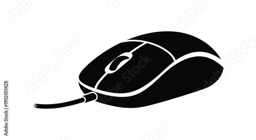 A sleek black computer mouse is prominently displayed against a white background creating a striking silhouette high quality
