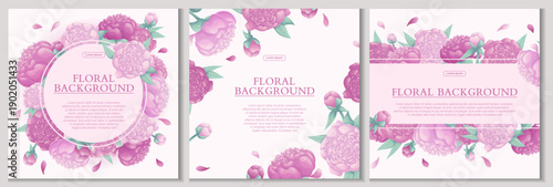 A set of colorful backgrounds with beautiful delicate peonies. The concept of a wedding, March 8th, mother's day, birthday. Vector illustration for the design of posters, flyers, postcards, invitation