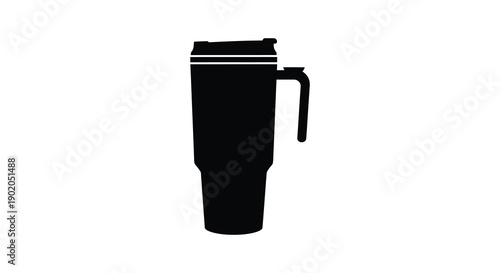 A simple black silhouette of a travel mug with a handle and lid isolated on a white background silhouette
