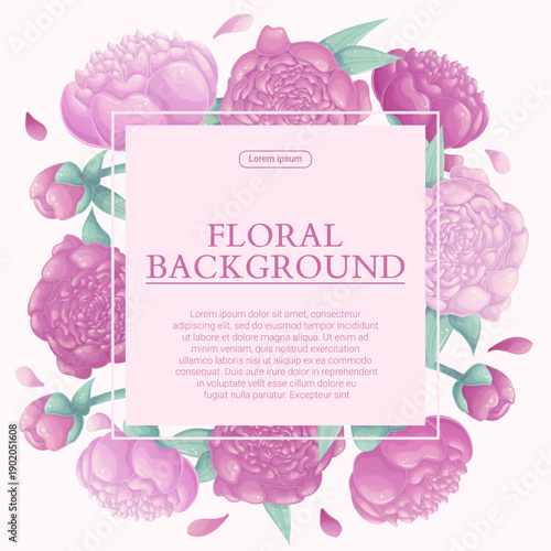 Colorful background with beautiful delicate peonies. Wedding concept, March 8th, mother's day, birthday. Vector illustration for the design of posters, flyers, postcards, invitations