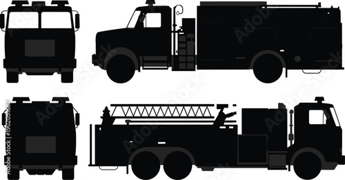 Fire truck silhouette vector set showing engine tanker and ladder vehicles in side front and rear views for emergency service illustration
