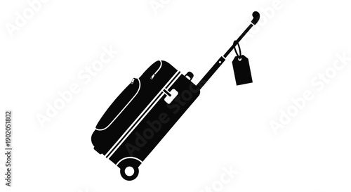 A black suitcase with an extended handle and luggage tag is shown in stark contrast a silhouette