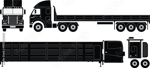 Flatbed truck silhouette vector set with semi trailer showing side front and rear views for logistics transport illustration design