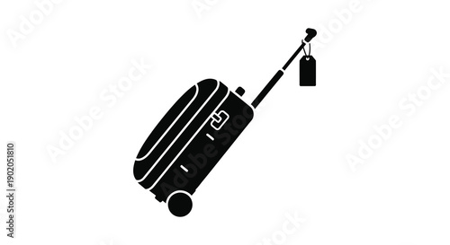 A sleek black suitcase with a retractable handle and luggage tag is prominently displayed as a silhouette