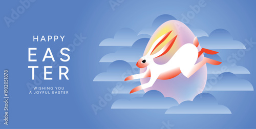 Happy Easter greeting card with jumping bunny flying among clouds near colorful egg on blue sky background. Spring holiday illustration for poster, greeting card, banner, promo and seasonal design