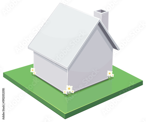3D isometric house icon representing property investment, residential construction, and the dream of home ownership on a green plot of grass with spring flowers (cut out)