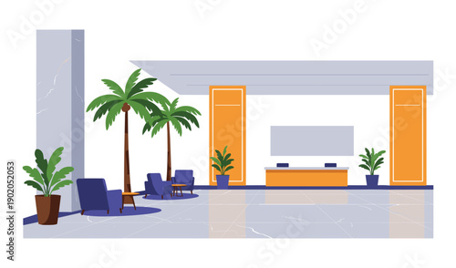 Modern Hotel Lobby with Palm Trees and Reception Desk