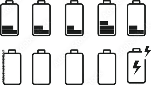 Battery level indicator icon silhouette set showing low, medium, full charge and charging status symbols for mobile devices isolated on white background