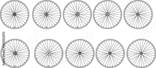 Bicycle wheel line art icons set with detailed spokes, cycling and transportation illustration, minimalist black outline vector design on white background