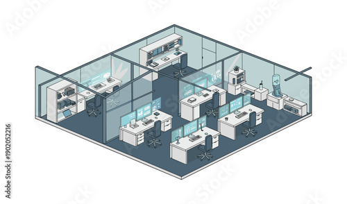 Isometric Office Cubicles with Modern Desks Computers and Workspace
