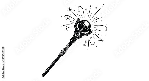 An intricately detailed illustration depicts a magical staff emitting sparkling energy creating a dramatic silhouette high quality professional
