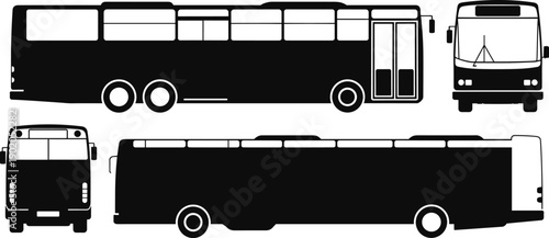 Modern city bus silhouette vector set showing side front and rear views for public transport urban mobility illustration design