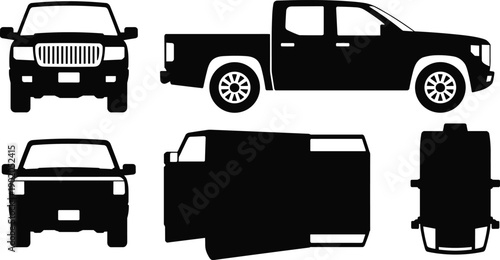 Pickup truck silhouette vector set showing front side rear and top views of modern utility vehicle for transportation illustration design